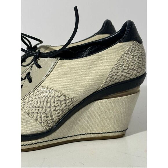 Cole Haan Canvas and Leather Lace-up Wedge Shoes Off-white & Blue | Women Size 6 - Picture 7 of 16